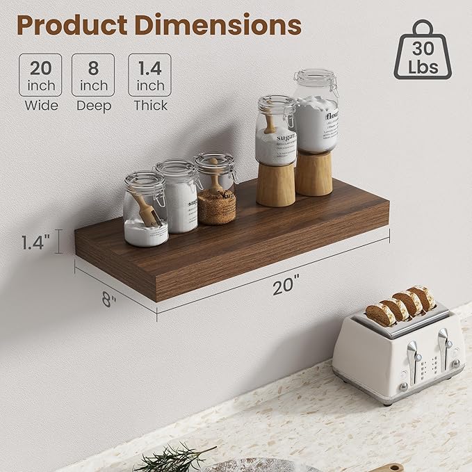 20 Inch Floating Shelves for Wall, 8 Inch Deep Floating Shelf for Storage & Display, Rustic Wall Mounted Shelf with Invisible