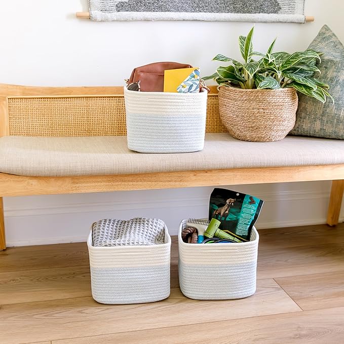 NaturalCozy Storage Cubes 9”x9”x7”Cotton Rope Woven Baskets for Organizing 3-Pack | 9 Inch Cube Storage Bin | Small Basket fo