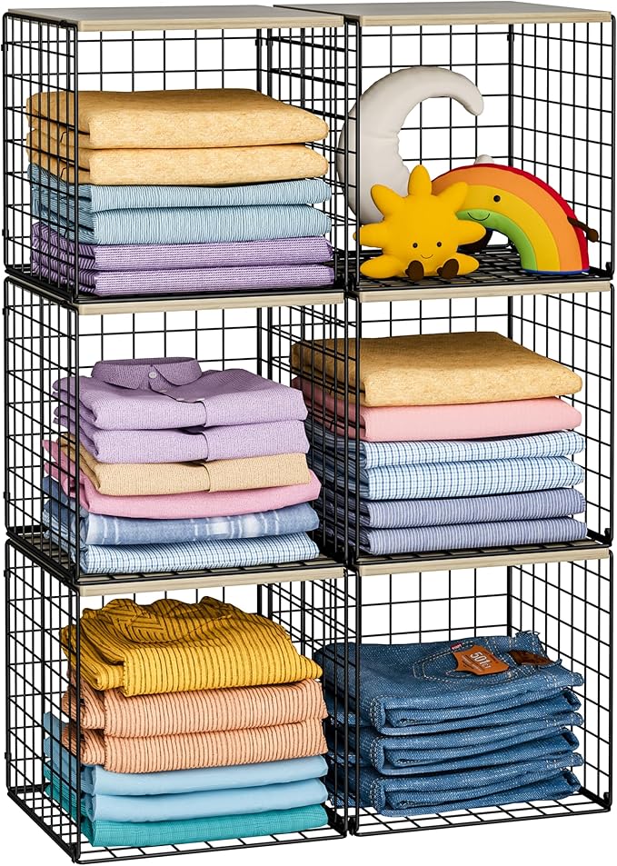 Hencawima 6 Pack Stackable Closet Organizers and Storage Basket, Closet Shelves with Wood Top, Clothes Storage Bin/Cube Organ