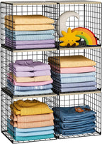 Hencawima 6 Pack Stackable Closet Organizers and Storage Basket, Closet Shelves with Wood Top, Clothes Storage Bin/Cube Organ