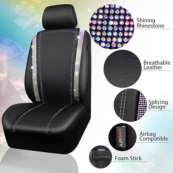 CAR PASS Leather Bling Diamond Car Seat Covers 2 Front Interior Sets, Waterproof Universal Shining Glitter Crystal Sparkle Fit for 95% Auto Truck SUV Cute Women Girl, Black Multicolor Rhinestone