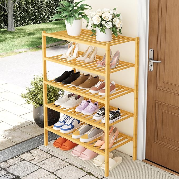 Smiry Shoe Rack, 5 Tier Thick Bamboo Shoe Organizer, Stackable Free Standing Wooden Shoe Storage Shelf for Closet, Entryway, 