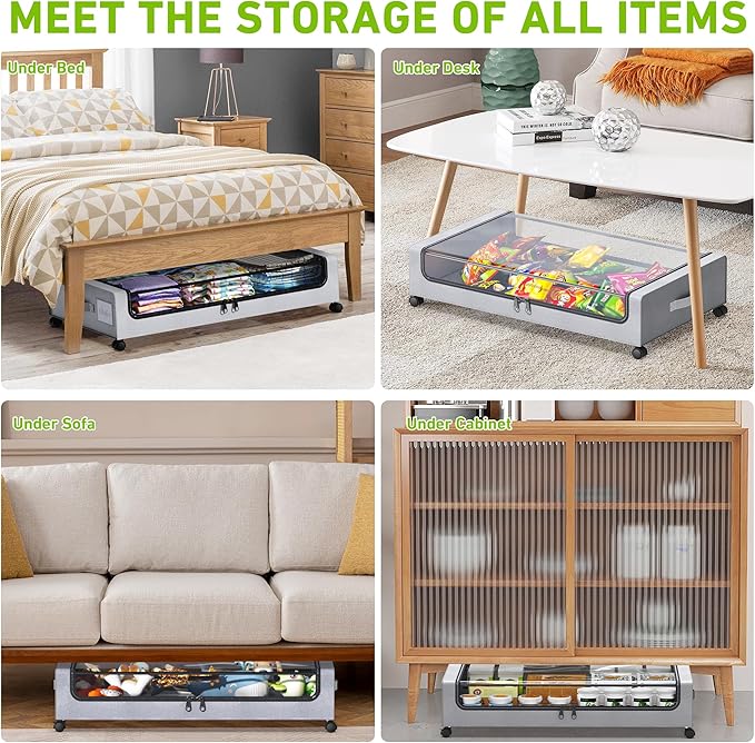 Under Bed Storage with Wheels, XXL 60L Under the Bed Storage Bins, Underbed Storage Containers with Lids & Label, Rolling Met