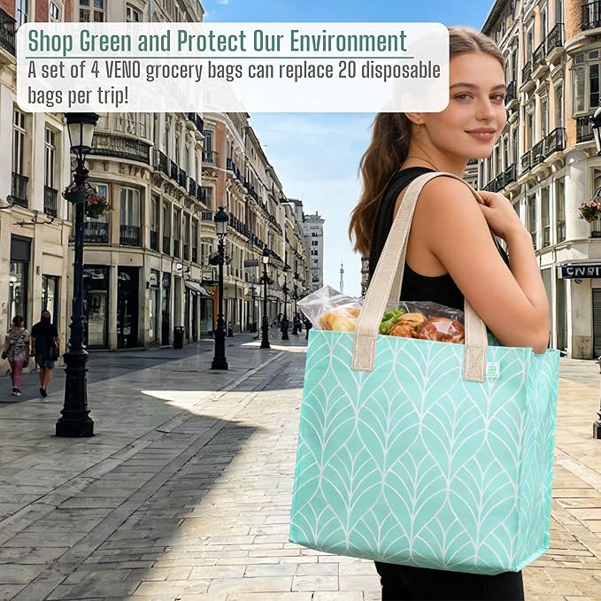 VENO 4 Pack Reusable Grocery Shopping Bags, Heavy-Duty Tote Bags with Handles, for Shopping Cart with Hard Bottom to Stand Upright, Foldable (Evergreen, 4 Pack)