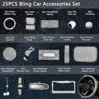 25PCS Bling Car Car Accessories Set,15 Inch Steering Wheel Cover,Shiny License Plate Frame,Center Console Cover and Rearview Mirror Set and Other Car Accessories(White)