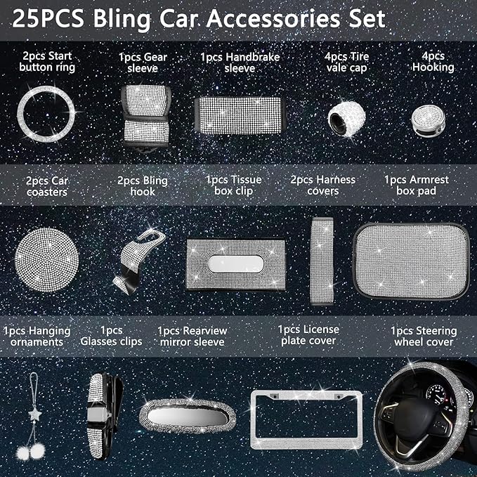 25PCS Bling Car Car Accessories Set,15 Inch Steering Wheel Cover,Shiny License Plate Frame,Center Console Cover and Rearview Mirror Set and Other Car Accessories(White)