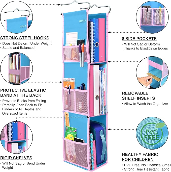 ABRA® 3 Shelf Hanging Locker Organizer for School, Work, Gym, Storage | Deep Shelves 6.5”x 9”| Eco-Friendly Fabric Healthy fo