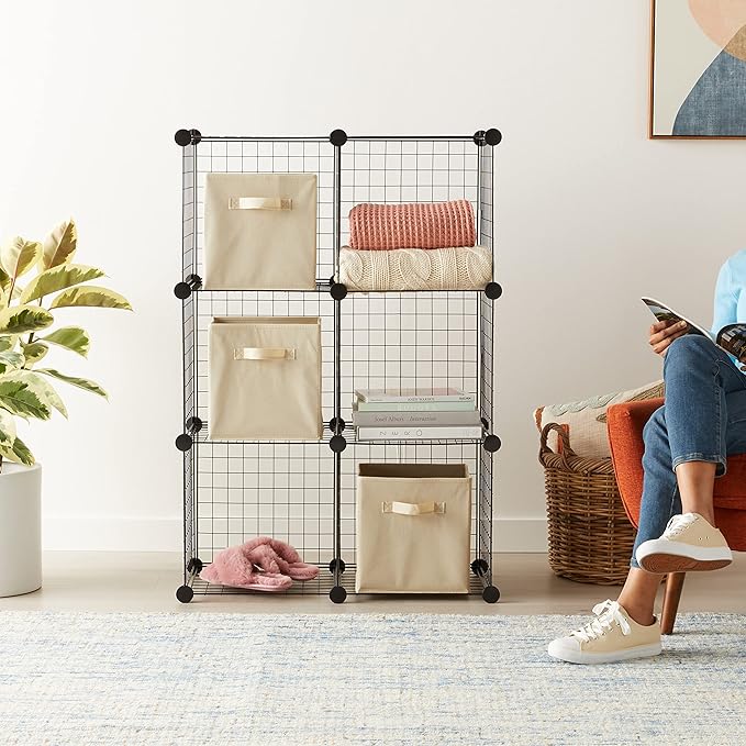 Amazon Basics 6 Cube Wire Grid Storage Organizer, Stackable Cubes, Cubby Bookcase, Display Shelf, 14" D x 14" W x 14" H, Blac