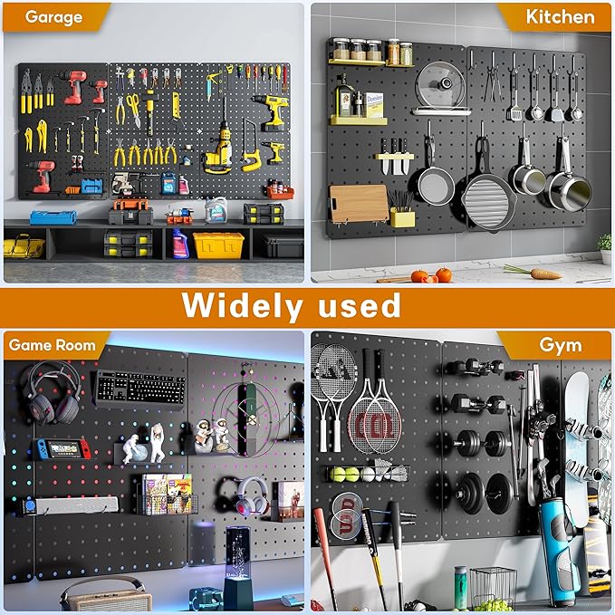 Peg Board, Heavy Duty Metal Pegboard, 6 Pack Black Peg Board Panels, 60lbs Load Capacity Each, Pegboard Wall Organizer for Ga