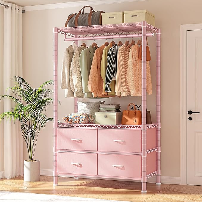 Raybee Clothes Rack, Clothing Rack for Hanging Clothes with 4 Drawers Load 420LBS Heavy Duty Garment Rack with Drawers, Pink