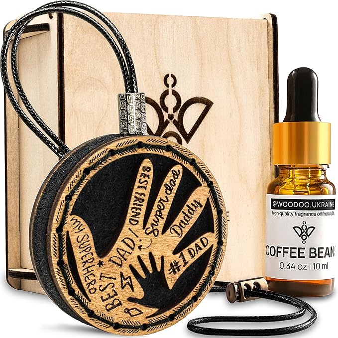 Handmade Wood Car Air Freshener — Father’s Hands Designed Refillable Essential Oil Diffuser — Long Lasting Coffee Beans Fragr