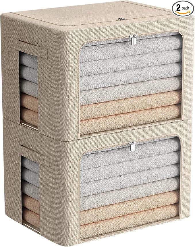FHSQX Extra Large Clothes Storage Bins Foldable Metal Frame Storage Box Stackable Linen Fabric Box Organizer Set with Carryin