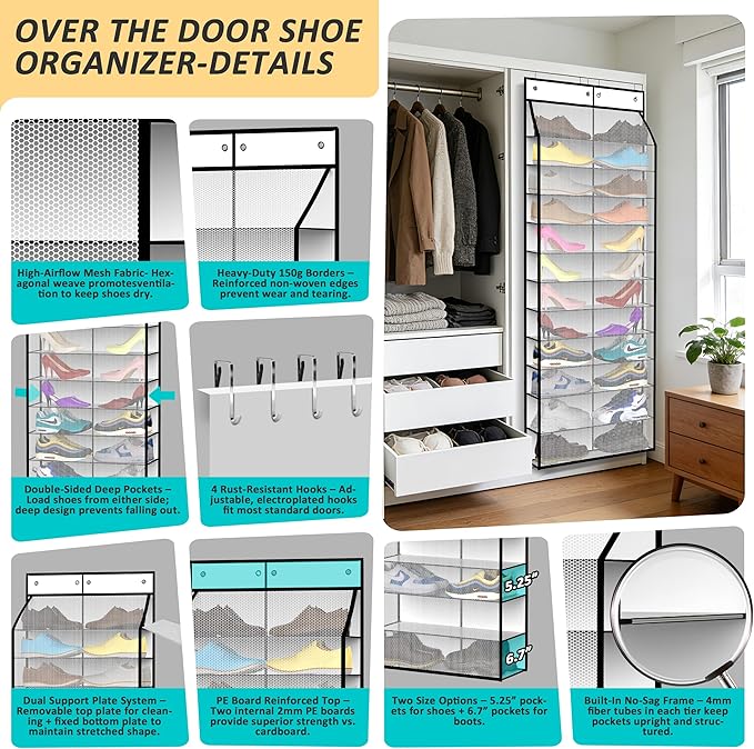 Kotkn 24-Pair Over Door Shoe Organizer for Family & Kids, Double Sided | Hanging Storage for Sneakers, Boots, Toys & Room Org