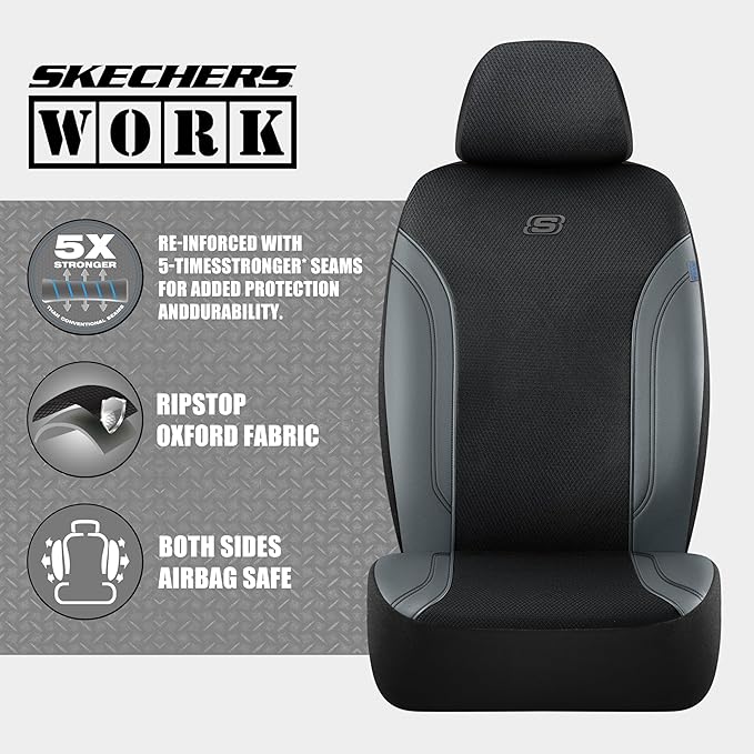 Skechers Car Seat Covers, Work Leather Seat Covers 5-Times Stronger Built-in Webbing, Oxford Fabric Front Seat Covers, Airbag
