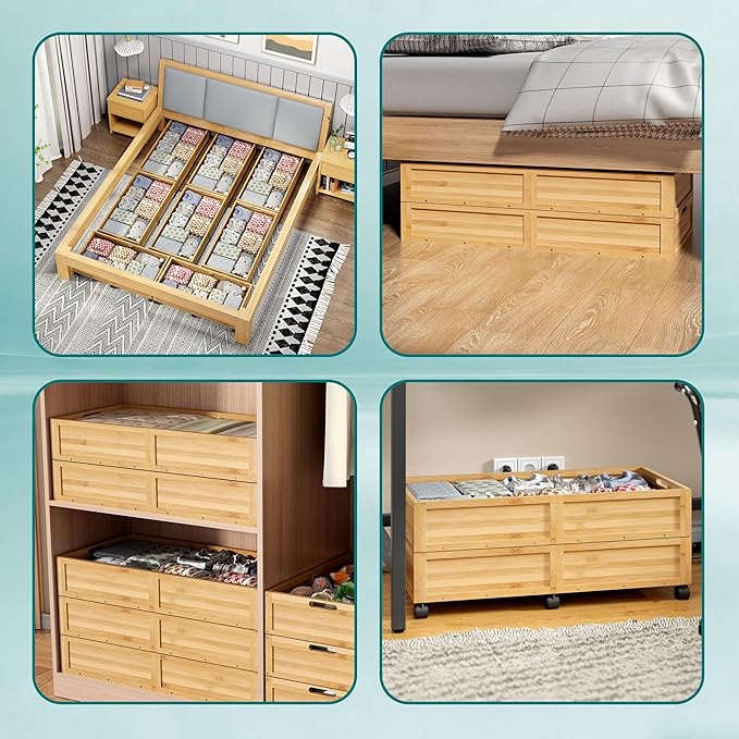 Wood Under Bed Storage Containers Underbed Organizer with Wheels Sturdy Wood Rolling Under Bed Shoe Storage Organizer 2 Packs