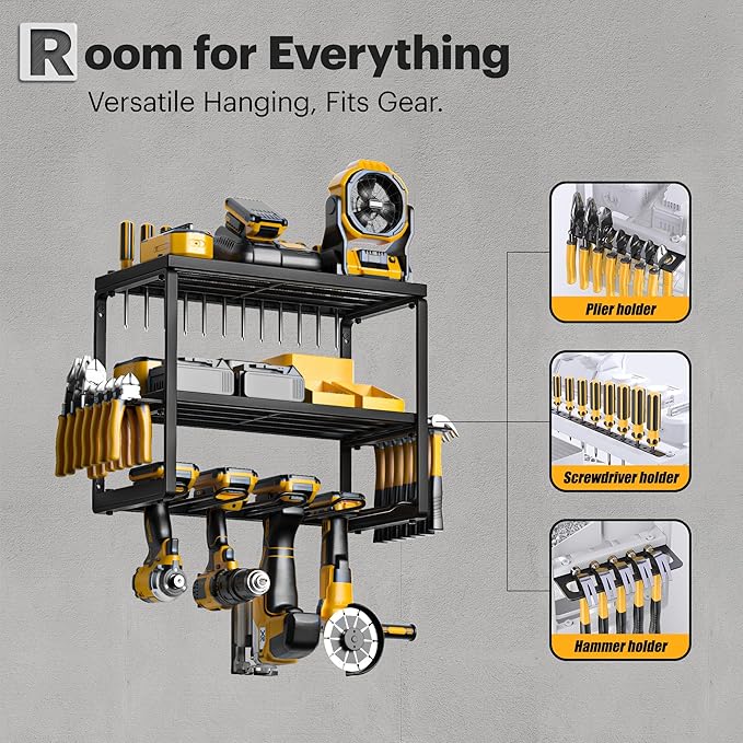 Spampur Power Tool Organizer Wall Mount, 3 Layers Storage Rack with 4 Drill Holders, Garage Storage Rack for Handheld, Metal 