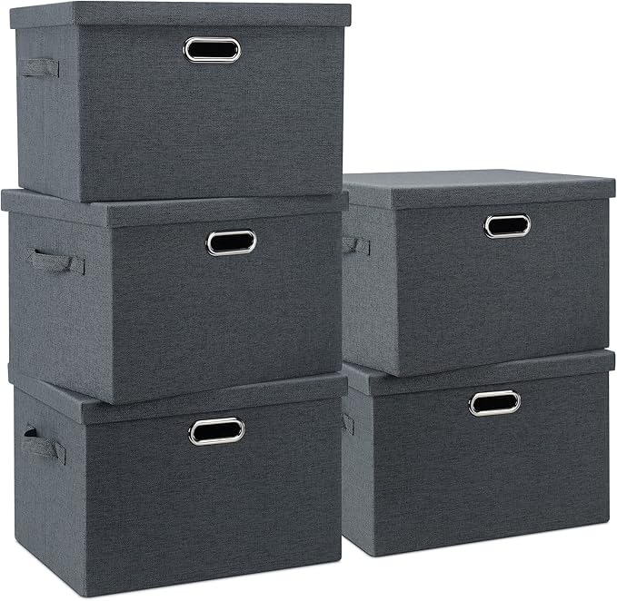 Graciadeco Large 17" 36 Quart Collapsible Stackable Storage Bins with Lids, 5 Packs Dark Gray Foldable Fabric Closet Storage 