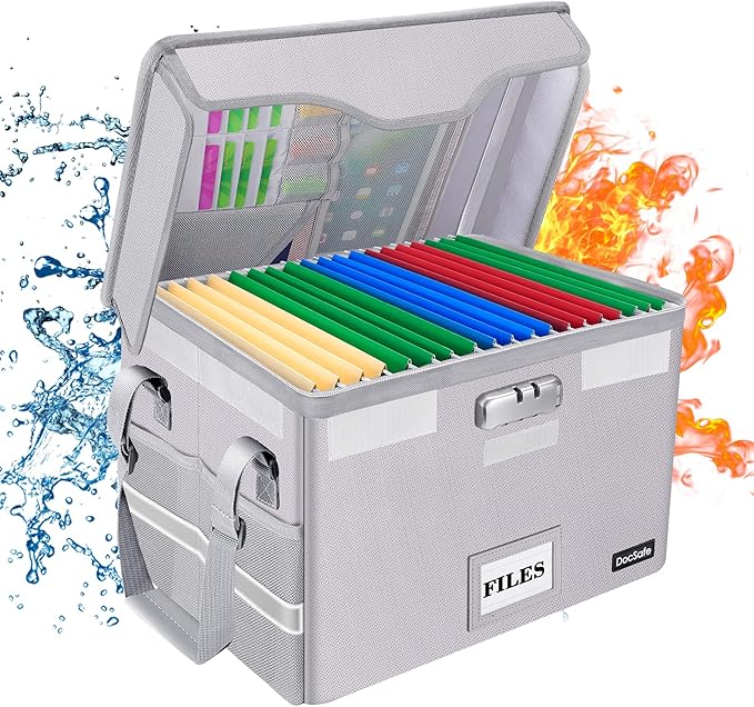 DocSafe Fireproof Document Box with Lock,File Storage Organizer with Zipper Pockets,Collapsible Portable File Box Home Office