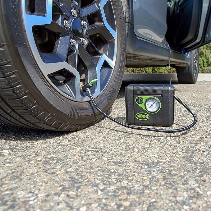 Slime 40060 Tire Inflator, Compact, Portable Car Air Compressor, Analog, Quick Connect Air Hose, Flat Tire Puncture Repair, 12V, 10 min inflation