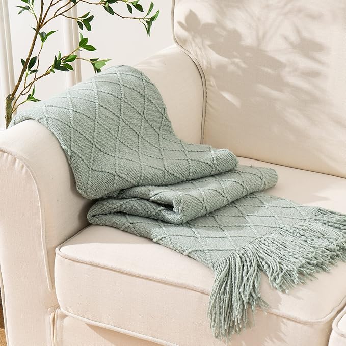 BATTILO HOME Sage Green Throw Blanket for Couch, Boho Bed Throws Blanket, Spring Decorative Light Blue Throw Blanket for Sofa