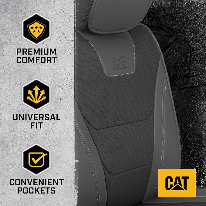 Cat® Edge Deluxe Faux Leather Car Seat Covers – Full Set (2 Front + 1 Rear Bench) – Semi-Custom Universal Fit, Two-Tone Black