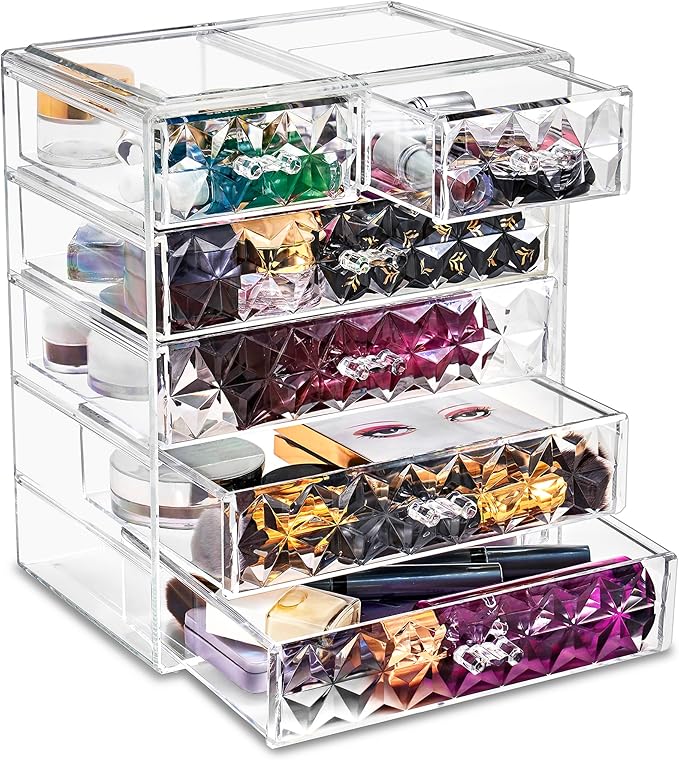 Sorbus Acrylic Makeup Organizer Set, 6-Drawer Vanity & Countertop Cosmetic Storage with Small & Wide Drawers, Diamond Makeup 