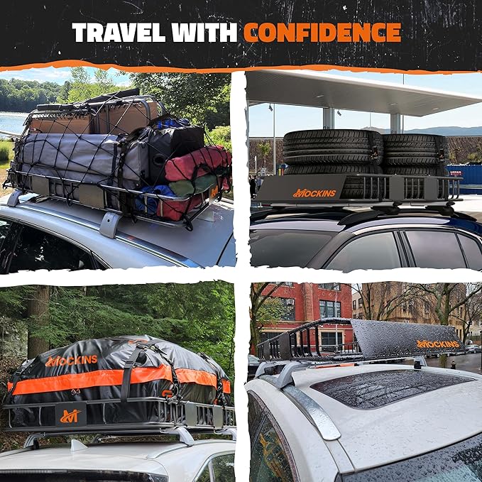 Mockins 64"x39"x6" Extendable Roof Rack Cargo Carrier | 250 Lbs. Capacity Weatherproof Steel Roof Basket | Rooftop Cargo Carrier Set w/Ratchet Straps & Bungee Net for SUV, Van, & Car Roof Storage