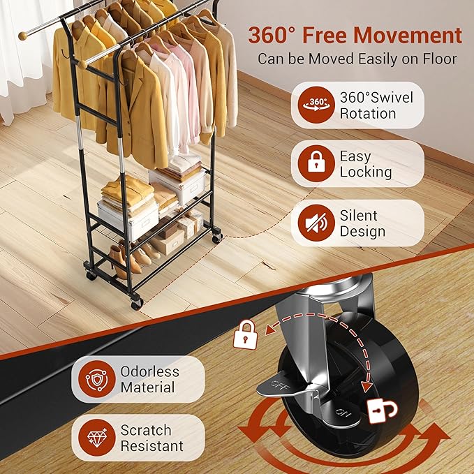 Clothes Rack with 3-Level Height Adjustment - Double Rod Extendable Hanging Rails with Wooden Finials, Luxury 2-Tier Metal St