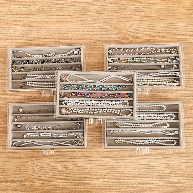 5 Drawerss Necklace Organizer Box, Tray with Clear Lid, Dustproof Velvet Necklaces Holder Storage Display Case, Gery Necklace