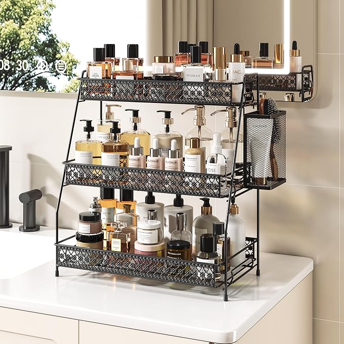 Vintage 3 Tier Spice Rack Organizer for Kitchen Counter, Bathroom Counter Organizer with Bonus Basket, 3 Tier Bathroom Counte