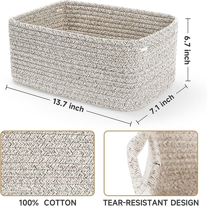 3-Pack Storage Baskets for Organizing | Woven Shelf Toy Basket | Rope Baskets for Gifts Empty | Closet Organizer Bins with Ha