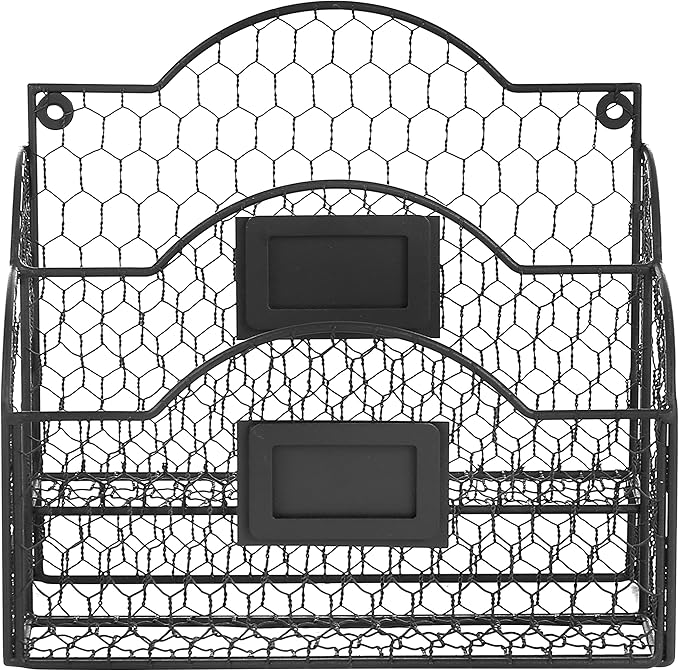 MyGift Metal Wire Basket Desk Organizer, 2 Compartment Inbox/Outbox Black Entryway Wall Mail Sorter, Office Desktop Stationer