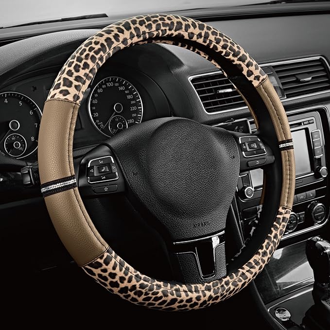 Road Comforts Leopard Steering Wheel Cover for Women, Cute Anti-Slip Microfiber Leather, Universal Fit 14.5-15 Inch Round Ste