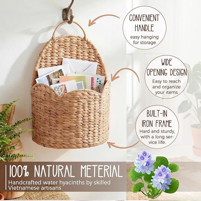 2Pcs Water Hyacinth Scalloped Hanging Basket – Wall & Door Organizer with Loop Handle, Front-Entry Mail/Floral Holder, Boho F