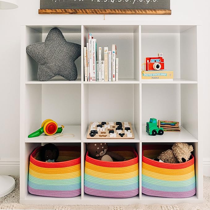 OrganiHaus Rainbow Basket - Colorful Woven Storage Basket for Playroom, Nursery & Classroom Decor & Toy Storage, 15x9x10