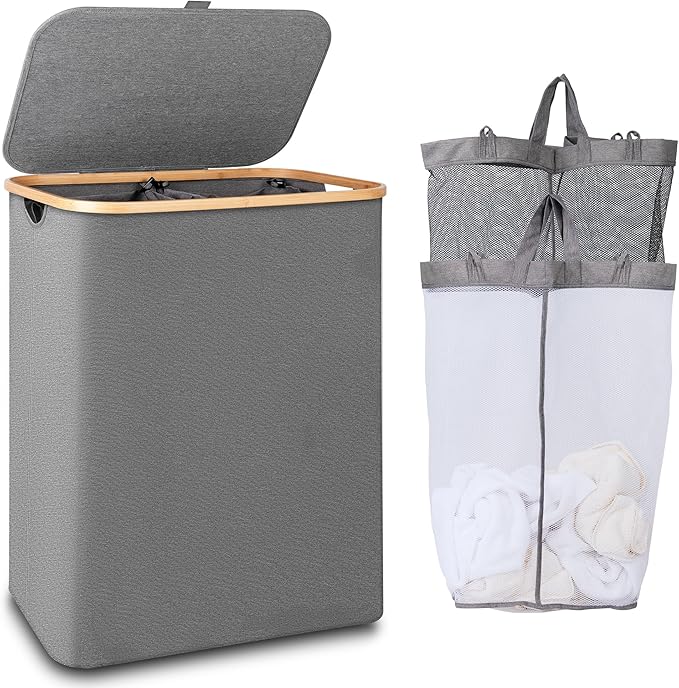 iEGrow 150L Laundry Hamper with Lid-Large Laundry Basket with Bamboo Handles, Grey Hampers for Laundry, Dirty Clothes Hamper 