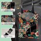 Black Cats Car Trash Bag,Tropical Flowers Hanging Drawstring Car Garbage Bag,Waterproof Canvas Car Back Seat Organizer with Adjustable Buckle,for Vehicles,SUVs,Camping,Road Trips