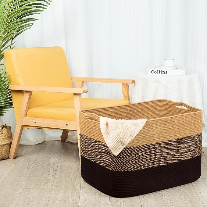 MINTWOOD Design 112L Extra Large Blanket Basket Holder Living Room, 25"x17"x16" Rectangle Rope Woven Storage Basket with Hand