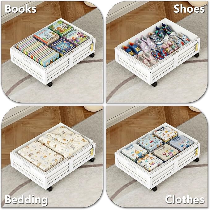 Under Bed Storage Containers with Wheels, Larger Bamboo Wood Under Furniture Storage Containers with Dust Bags，Rolling for Sh
