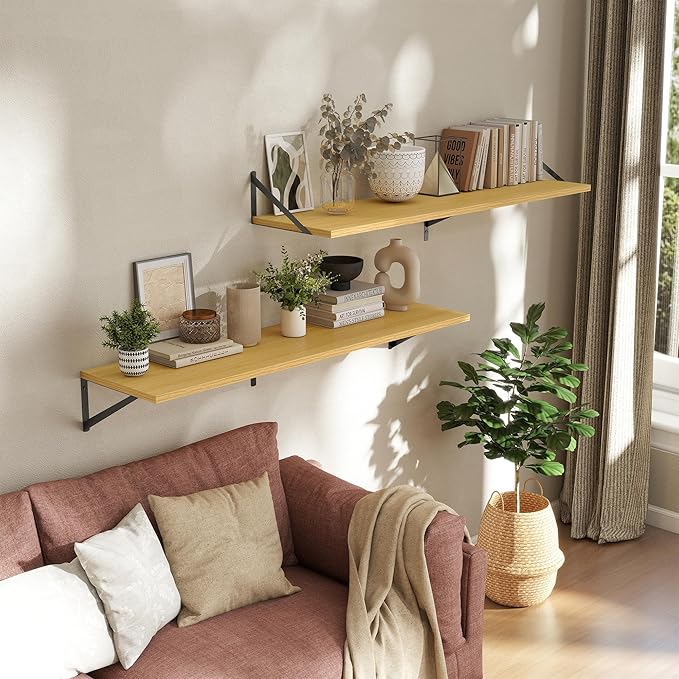 Deep Floating Shelves Wall Mounted, 48"x12" Oak Wall Shelves with Brackets Set of 2 for Bedroom, Living Room, Bathroom, Kitch