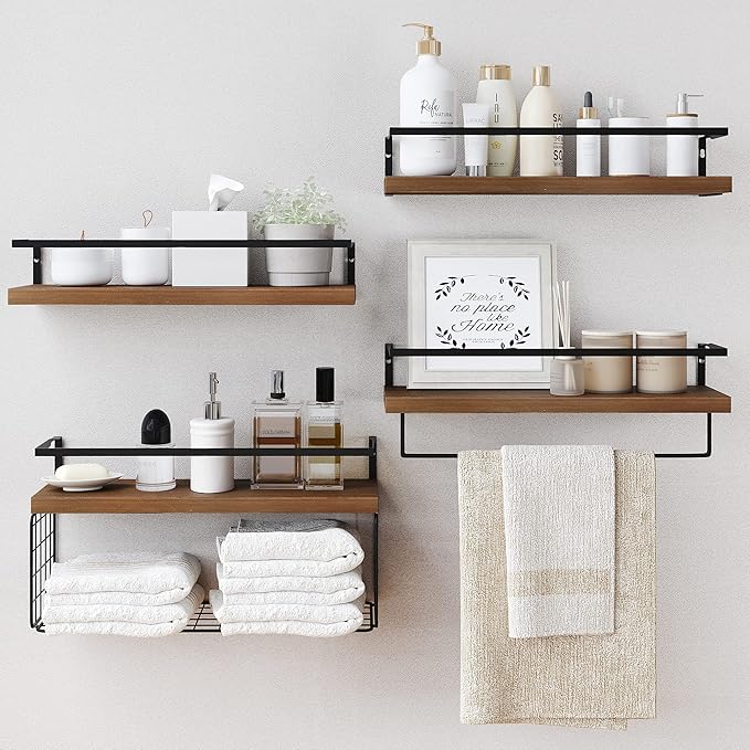 Wood Floating Shelves Wall Mounted - 4+1 Tier Rustic Bathroom Wall Shelves Over Toilet with Wire Storage Basket and Towel Bar