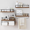 Wood Floating Shelves Wall Mounted - 4+1 Tier Rustic Bathroom Wall Shelves Over Toilet with Wire Storage Basket and Towel Bar