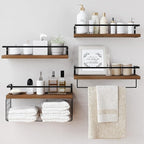 Wood Floating Shelves Wall Mounted - 4+1 Tier Rustic Bathroom Wall Shelves Over Toilet with Wire Storage Basket and Towel Bar