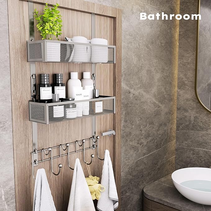 Consumest Over The Door Hooks Organizer - Extra Long Door Hanger with 9 Coat Hooks & 2 Mesh Basket, Back Storage Organizer Ha