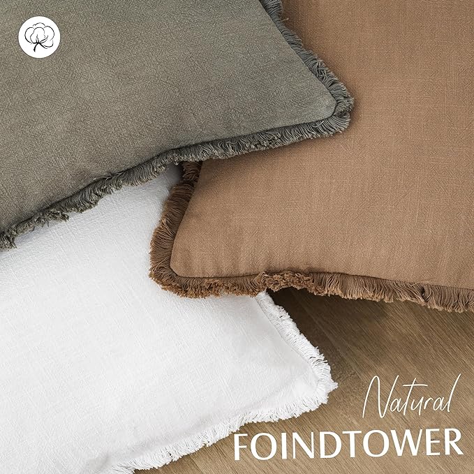 Foindtower Set of 2 Decorative Linen Fringe Throw Pillow Covers Cozy Boho Farmhouse Cushion Cover with Tassels Soft Accent Pi