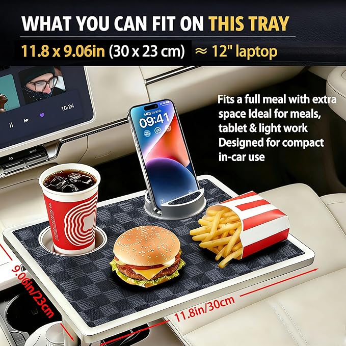 Car Food Tray & Car Table Tray with Car-Grade Aluminum Cup Holder & Phone Stand, Premium Wood with Leather Surface, 360° Rotating Car Desk for Laptop &Eating (Square, Black&Grey)