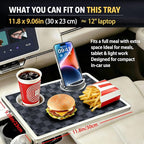 Car Food Tray & Car Table Tray with Car-Grade Aluminum Cup Holder & Phone Stand, Premium Wood with Leather Surface, 360° Rotating Car Desk for Laptop &Eating (Square, Black&Grey)
