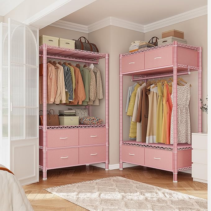Raybee Clothes Rack, Clothing Rack for Hanging Clothes with 4 Drawers Load 420LBS Heavy Duty Garment Rack with Drawers, Pink