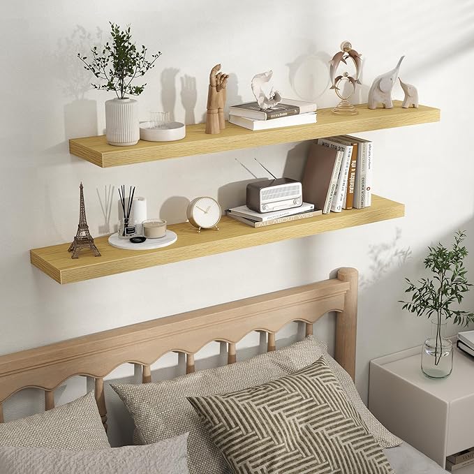 Fun Memories Rustic Wood Floating Shelves for Wall, Space-Saving Wall Mounted Shelves for Bathroom, Bedroom, Living Room and 
