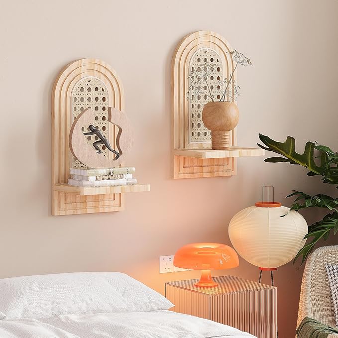 Rattan Wall Shelf Set of 2, 7'' Natural Floating Shelves Boho Decor, Rustic Wood Arched Rattan Wall Mounted Storage Shelves f